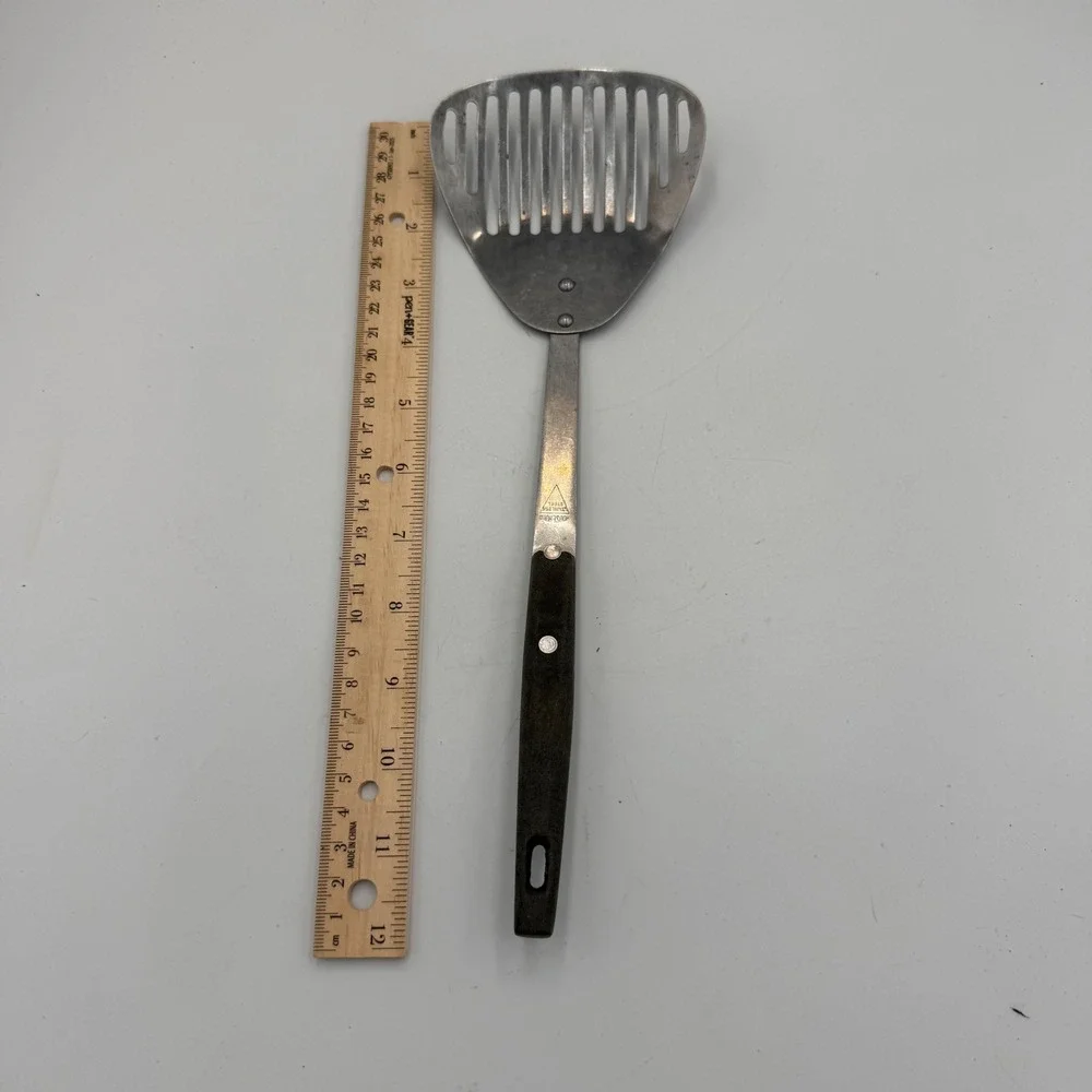 Vintage Household Japan Slotted Spatula Turner Stainless Steel Wood Handle 12